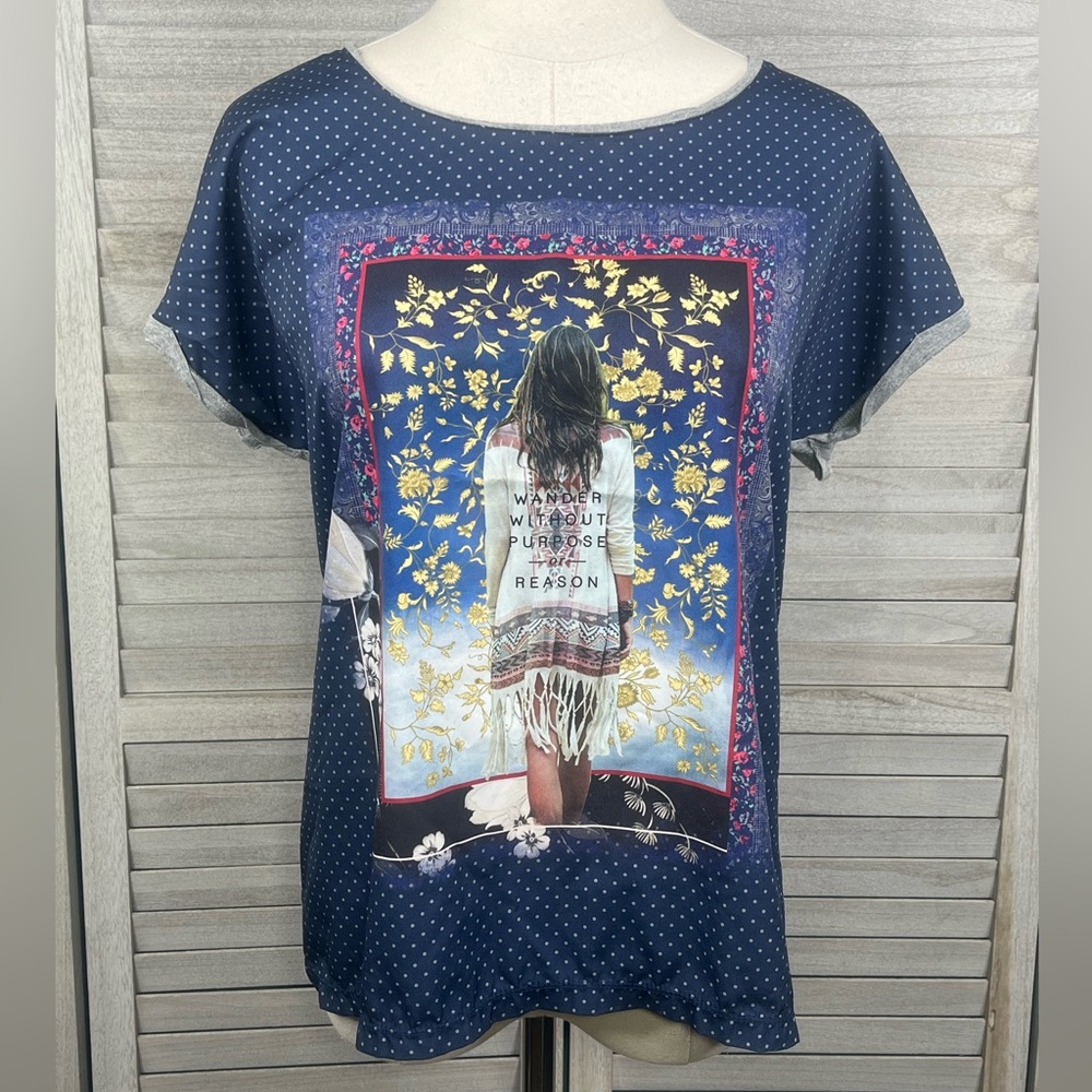 BARE DENIM Boho Multi Media Graphic Tee Blue/Gray-Medium